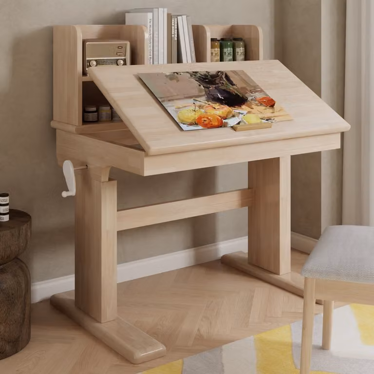 Hoogteverstelbaar Kindertafel van Massief Hout met Kantelbaar Blad en Opbergruimte - Naturel - B: 92,2 cm, D: 60 cm, H: 110,5 cm