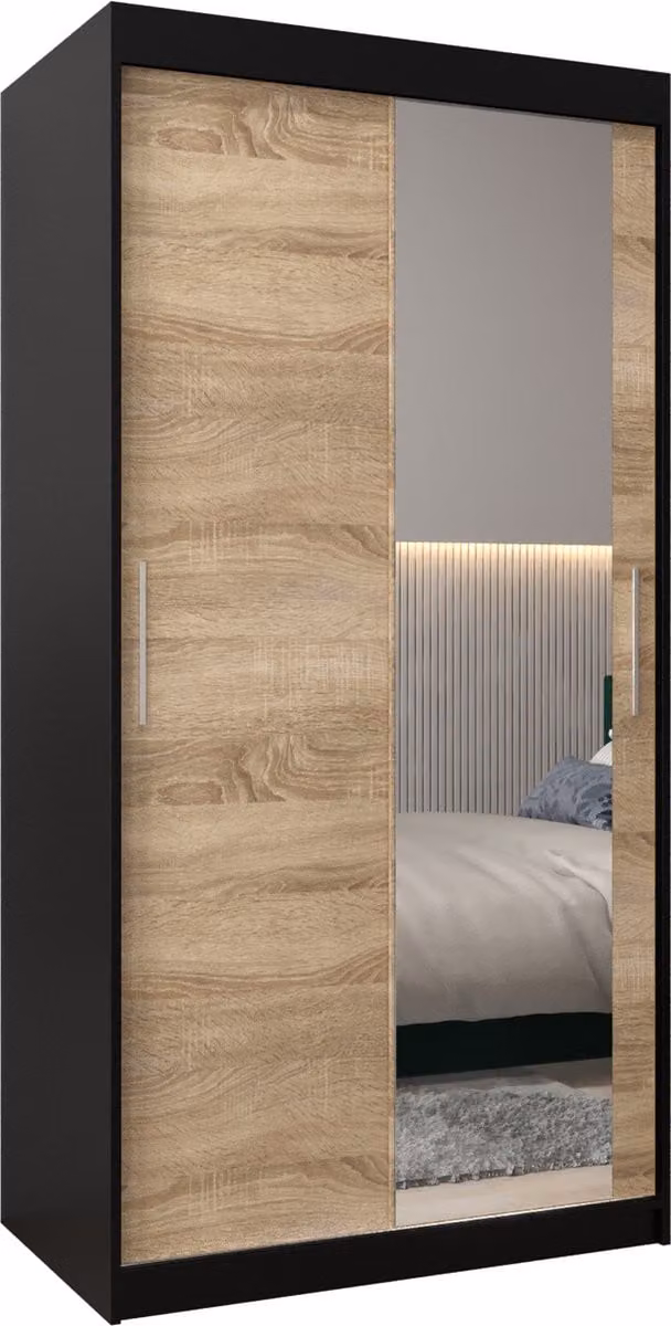 InspireMe TORM II 100 Kledingkast met 2 schuifdeuren, Zwart Mat en Sonoma Eik, B: 100 cm, H: 200 cm, D: 62 cm