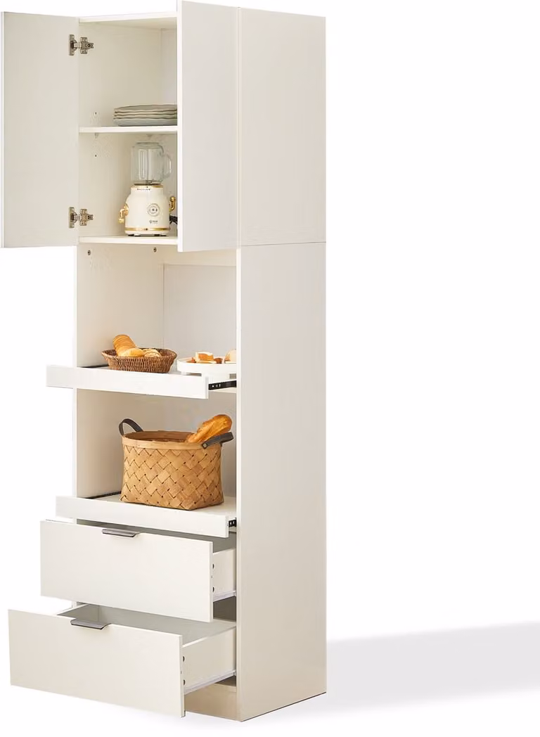 Witte hoge keukenkast met lades en magnetronvak - Vrijstaande opbergkast voor keuken en eetkamer - B/D/H: 59,5 x 45 x 200 cm