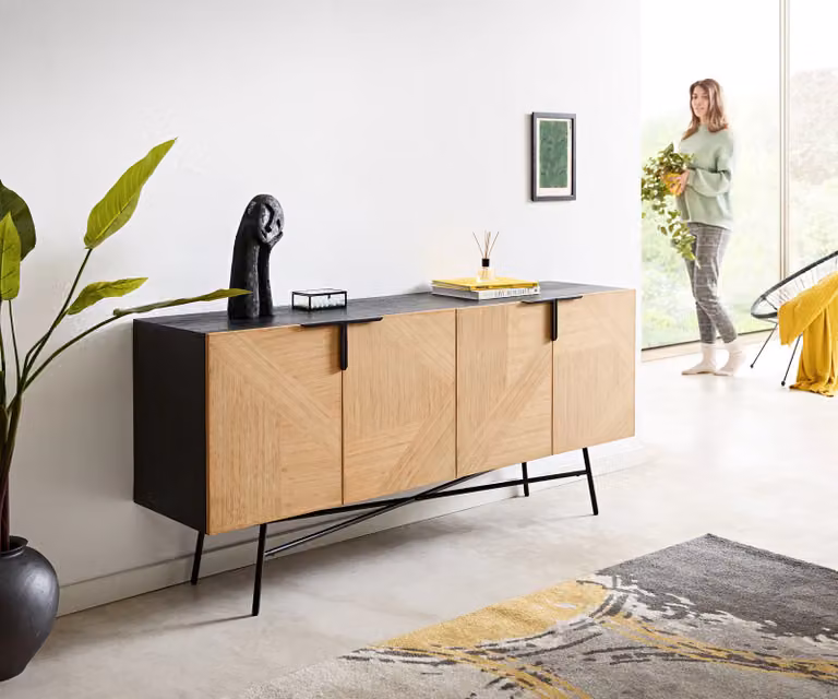 DELIFE Dressoir Mikkusu 175 Modern met 4 deuren, Bamboe en Mango hout, Zwart en Bruin, B/D/H: 175 x 40 x 78 cm