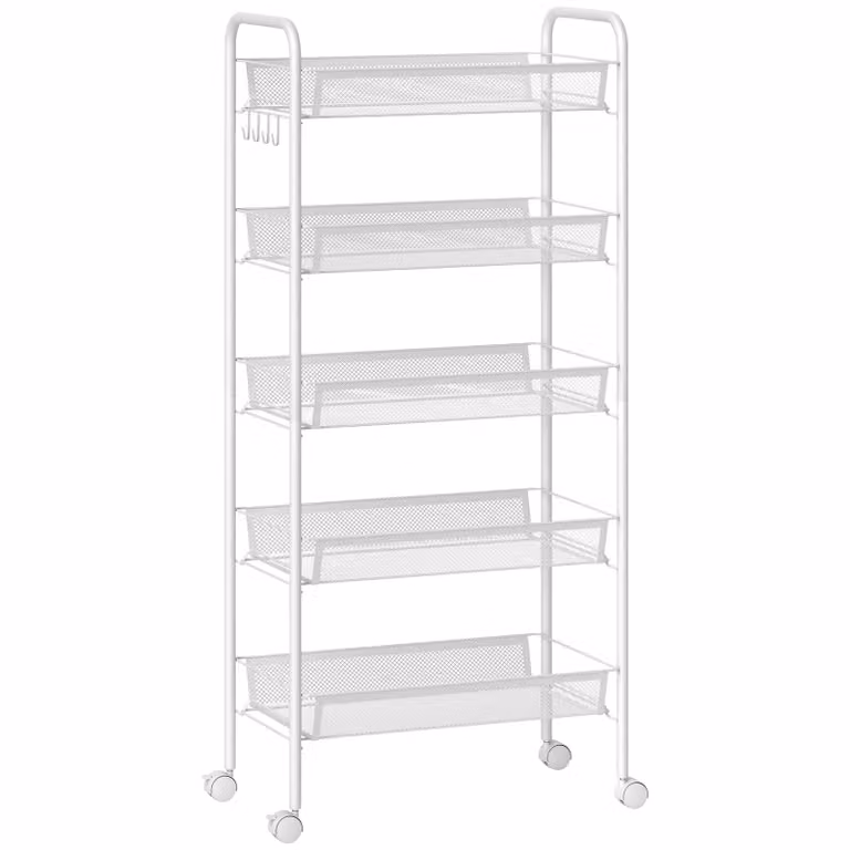 HOMCOM Keukentrolley met 5 draadmanden, 4 haken en 4 wielen, wit, H x B x D: 106 x 45 x 26,5 cm