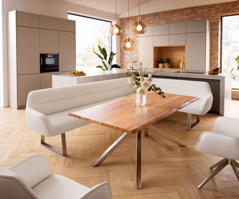 DELIFE Taya-Flex Eetkamerbank in Bouclé Crème-Wit met RVS Sledeframe, L-vormig, Rechts