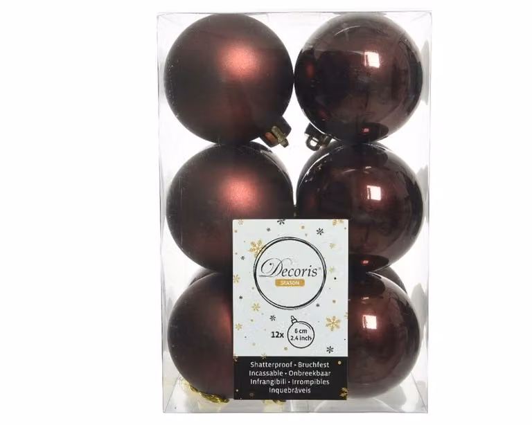 Decoris 12 onbreekbare kerstballen mahonie, diameter 6 cm