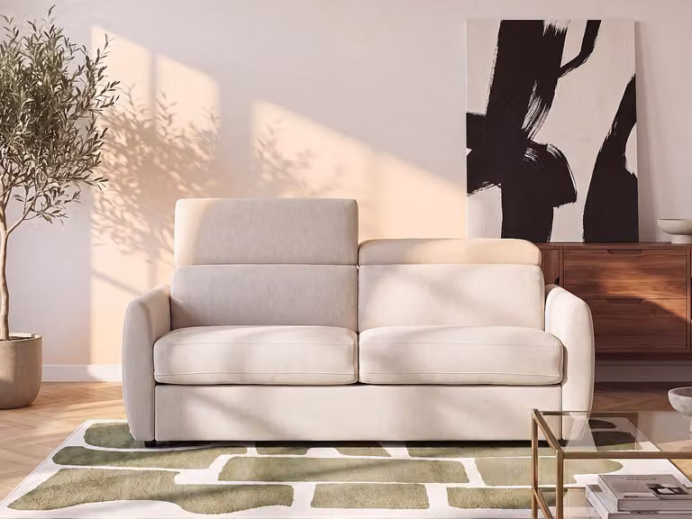 SOVALI Driezits express slaapbank in beige stof met verstelbare hoofdsteun en matras