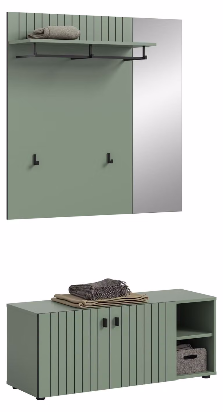 Station garderobe opstelling met bank en paneel in stoffig groen en zwart