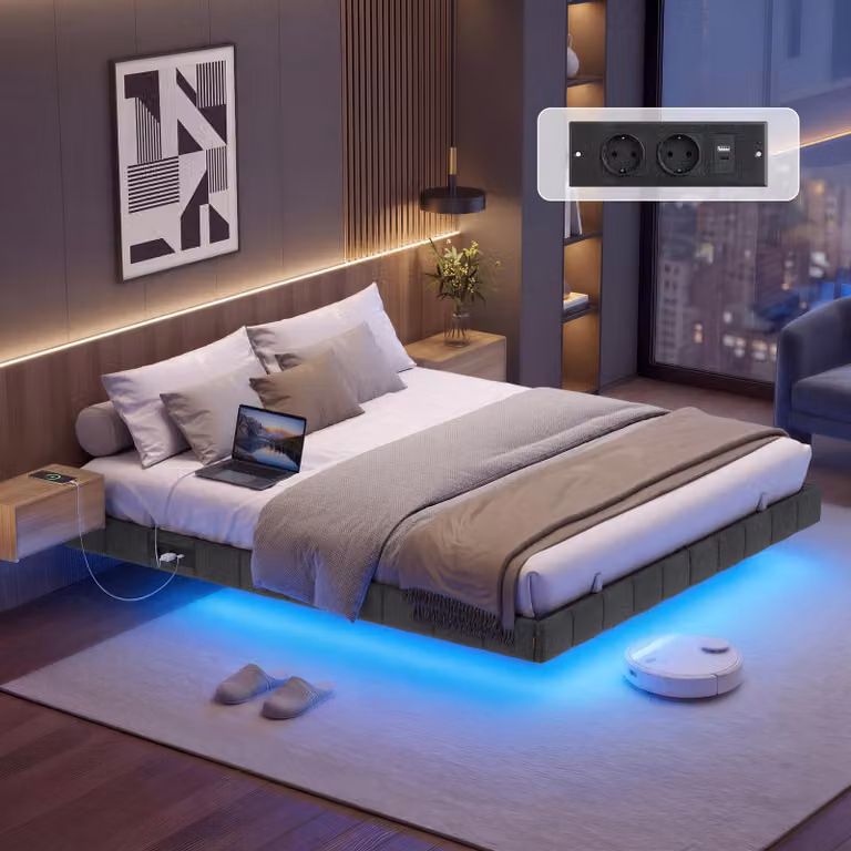 VASAGLE bedframe met LED-verlichting en zwevend effect, 160 x 200 cm