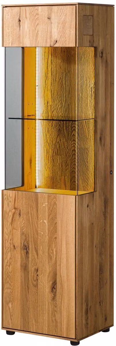 Massivmoebel24.de Vitrine Wien van massief wilde eikenhout, natuur geolied, met glazen deuren en open schappen, B: 45 cm, D: 38 cm, H: 168 cm
