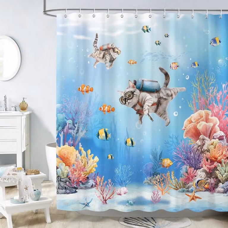 Waterdicht en schimmelbestendig douchegordijn met duikende kat in onderwaterwereld, koraalrif en tropische vissen, 180 x 180 cm met 12 haakjes