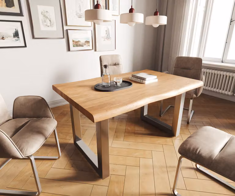 DELIFE Eettafel Edge Live-Edge Acacia Hout en Metaal, Bruin/Zilver, B: 140 cm, D: 90 cm, H: 76,5 cm