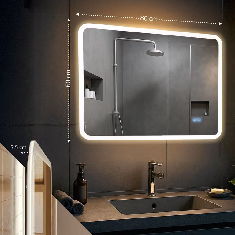 CLP Jericho Vierkante Badkamerspiegel met LED-verlichting, Verwarming en Bluetooth - 60 x 80 cm