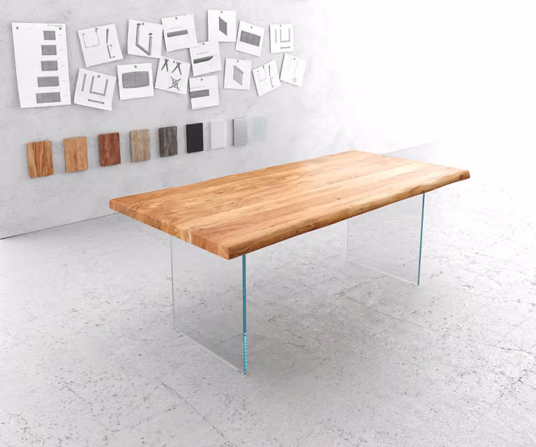 DELIFE Eettafel Edge XL van acacia hout met live-edge en glazen onderstel, Bruin/Transparant, B: 200 cm, D: 100 cm, H: 76,5 cm