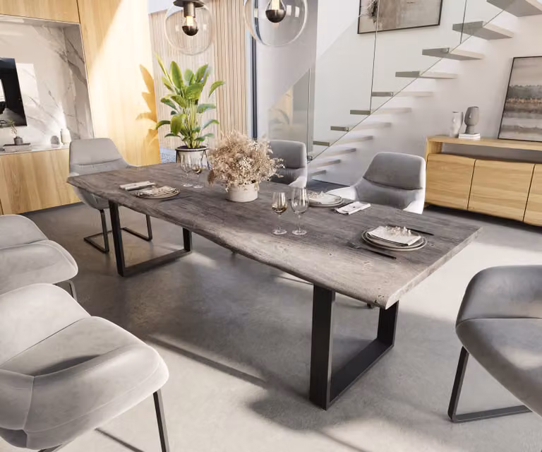 DELIFE Eettafel Edge Live-Edge Acacia en Metaal, Zwart/Zilver, B/D/H: 260 x 100 x 74,5 cm