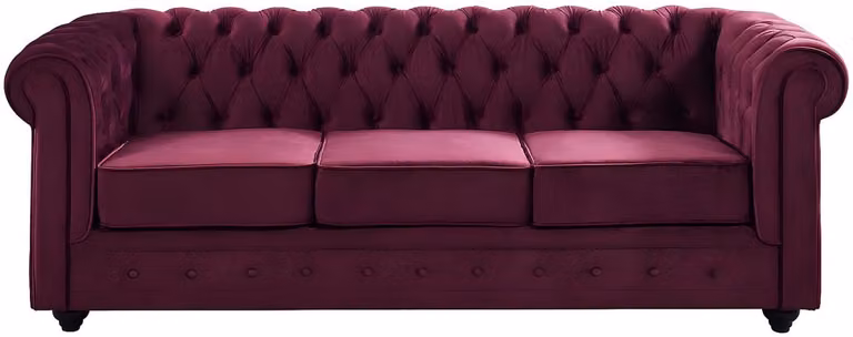 Vente-unique Chesterfield driezitsbank in paars velours met houten poten
