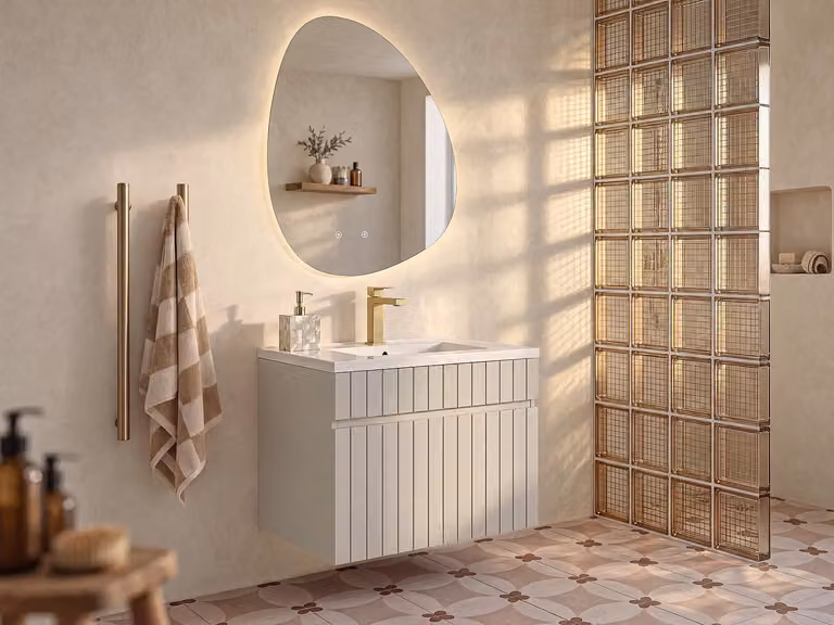 Gestreept beige zwevend badkamermeubel met keramische inbouwwastafel - SATARA - 60 cm