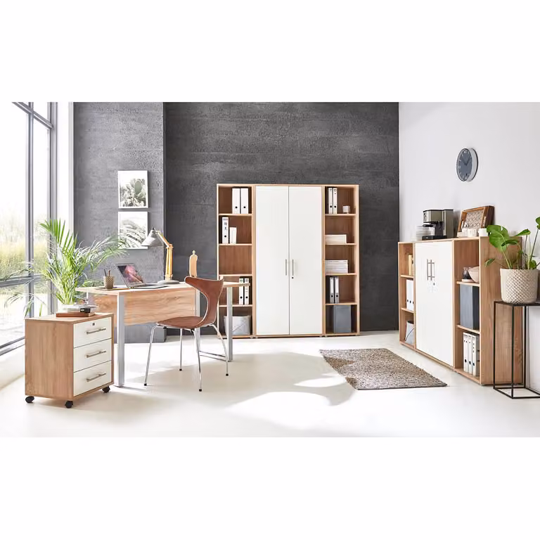home24 Bureauset VII 4-delig beige en wit met eikenhouten look