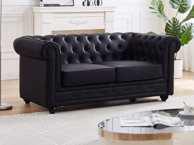 Chesterfield Tweezitsbank in zwart kunstleer met afneembare hoezen, Breedte: 168 cm