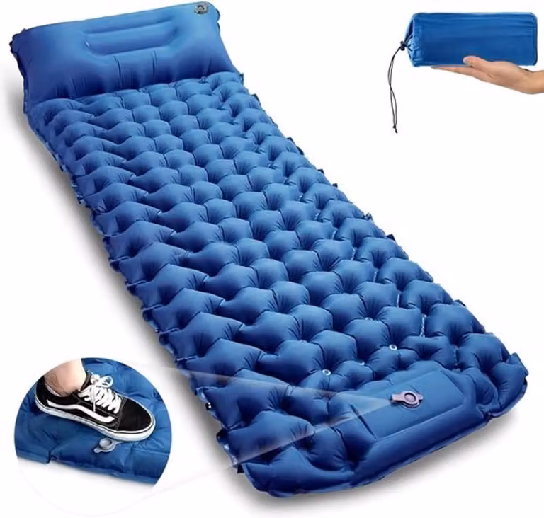 Zelfopblazende slaapmat met geïntegreerd kussen en voetpomp, ultralicht campingmatras voor volwassenen, blauw, 195 x 65 x 10 cm