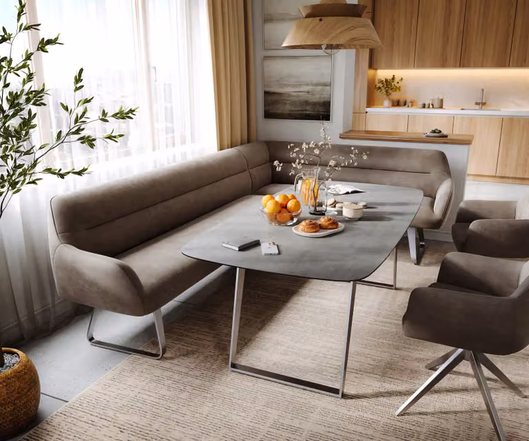 DELIFE Eetkamerbank Taya-Flex L-vormig in beige microvezel met metalen onderstel, B: 282 cm, D: 190 cm, H: 87 cm
