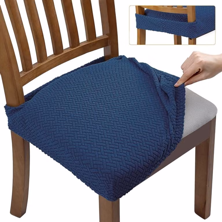 4-delige jacquard stoelhoezenset voor eetkamerstoelen - Marineblauw