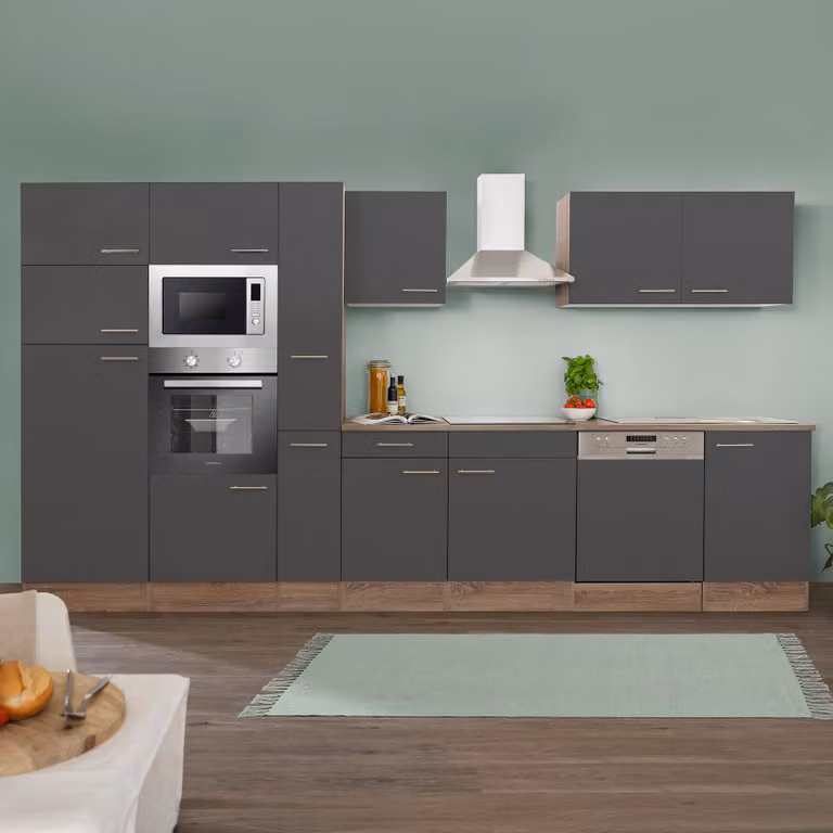home24 Keukenblok Oliver combi, grijs en donkere eikenhouten look, Breedte: 370 cm