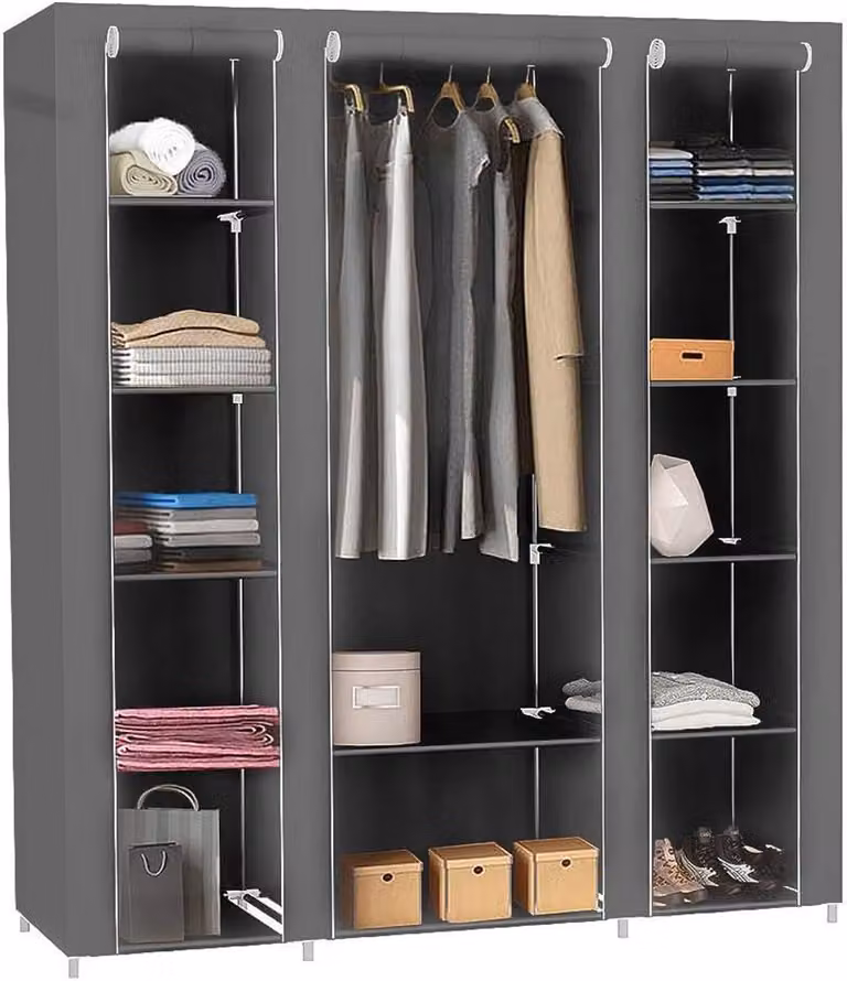 Draagbare kledingkast met hangstang en rolluik in grijs - B/D/H: 134 x 43 x 175 cm