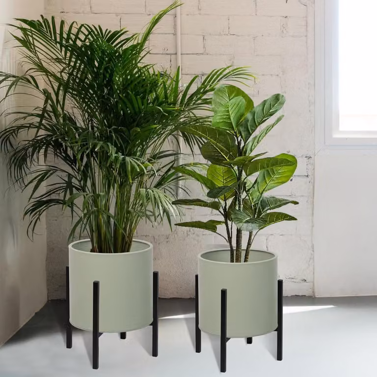 Set van 2 Moderne Plantenpotten met Standaard - Decoratieve Plantenpotten in Groen voor Woonkamer, Kantoor, Tuin en Balkon