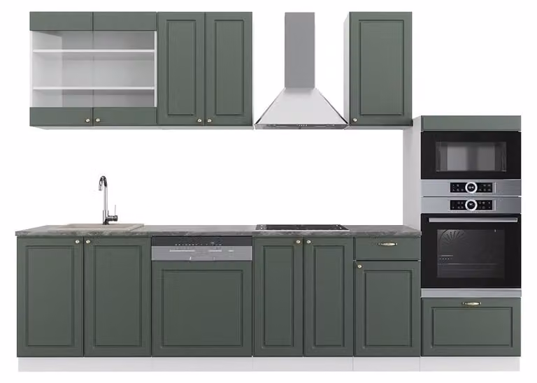 Vicco Fame-Line Keukeneenheid Groen-Goud Landhuis/Wit, 300 cm, met hoge kast, zonder werkblad