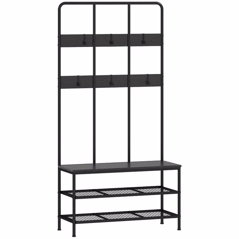 HOMCOM 3-in-1 Garderobe Zitbank met 6 Haken en 2-Lagen Schoenplank, Zwart Metaal en Spaanplaat