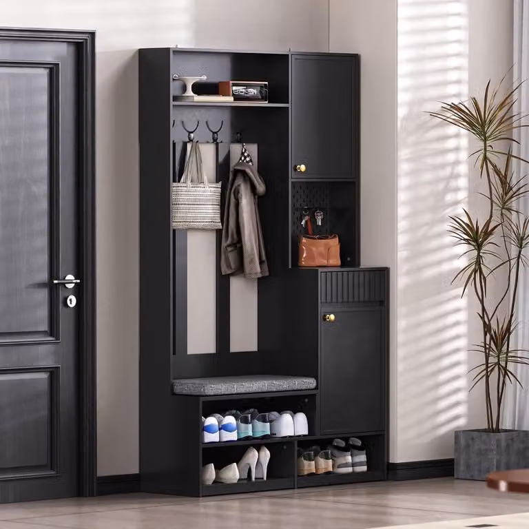Garderobeset met bank en halmeubelset in zwart met haken en laden - B/D/H: 100 x 35 x 180 cm