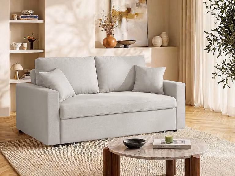 INIZOR Driezits slaapbank in beige stof met verstelbare rugleuning en afneembare hoezen