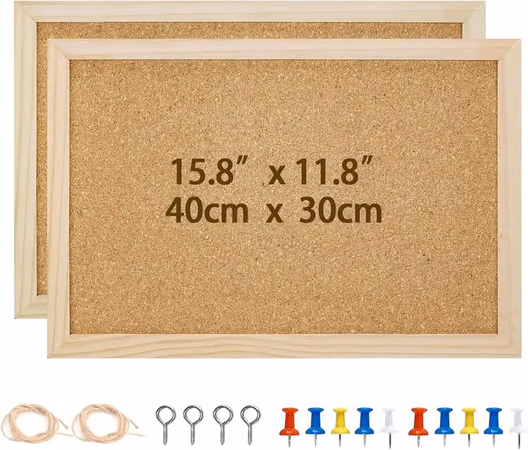 Set van 2 Korkborden met Houten Frame en 10 Pins voor Notities en Vision Boards, Breedte: 40 cm, Diepte: 30 cm