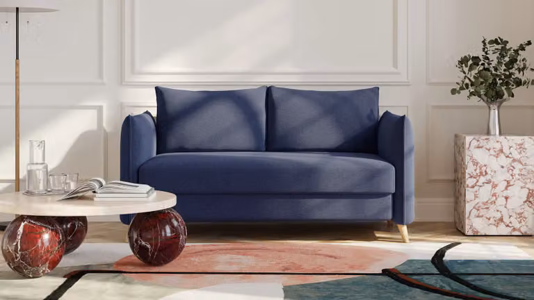 BRUNO slaapbank blauw met massief hout en boxspringcomfort, 140 cm
