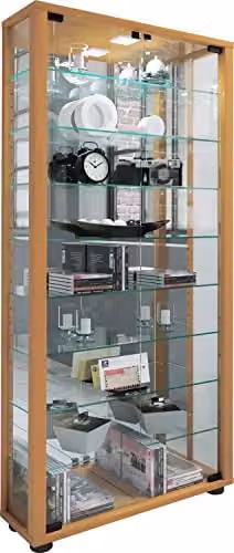 VCM Lumo Maxi Vitrinekast met Spiegel en Glazen Deuren, Beuken, B: 59 cm, D: 18 cm, H: 115 cm