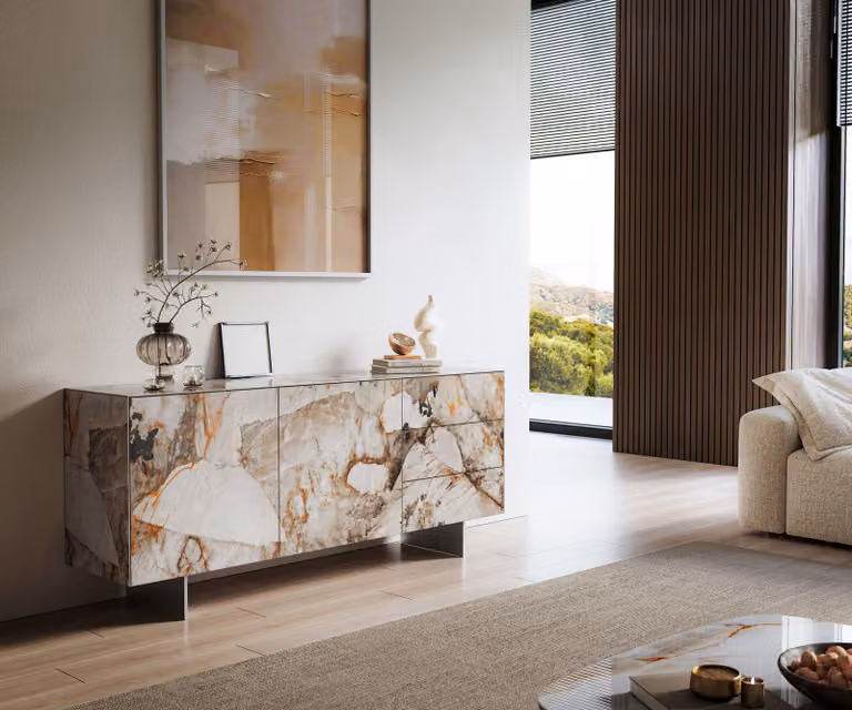 DELIFE Dressoir Cuor met Keramiek Patagonia Gepolijst, Bruin/Beige/Zilver, Breedte: 180 cm