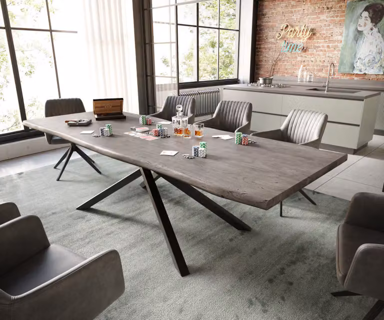 DELIFE Eettafel Edge van Acacia met Live-Edge en Kruisframe, Platina, Zwart/Grijs/Zilver, B: 260 cm, D: 100 cm, H: 73,5 cm
