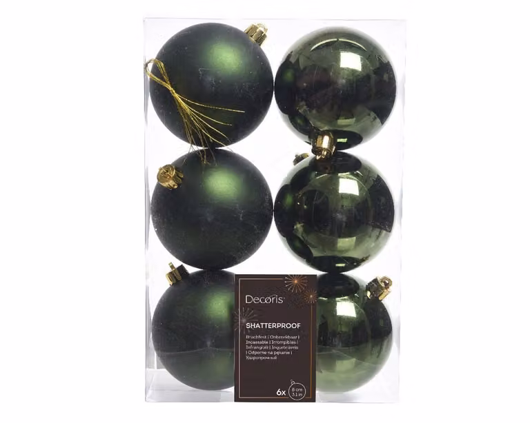 Decoris Set van 6 onbreekbare kerstballen in dennen groen, diameter 8 cm