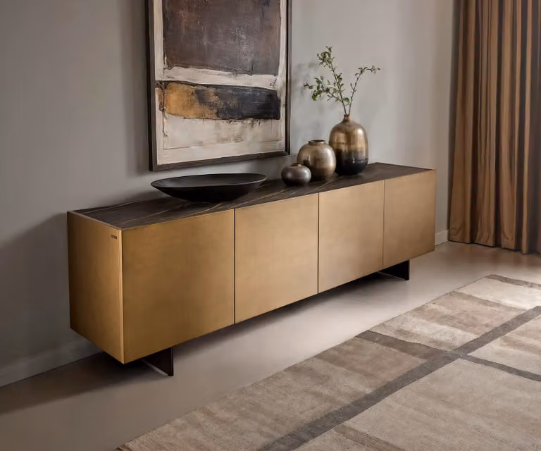 DELIFE Kazu zwevend dressoir met 4 deuren, metaal en keramiek Laminam Noir Desir, goud, bruin en zwart, Breedte: 220 cm