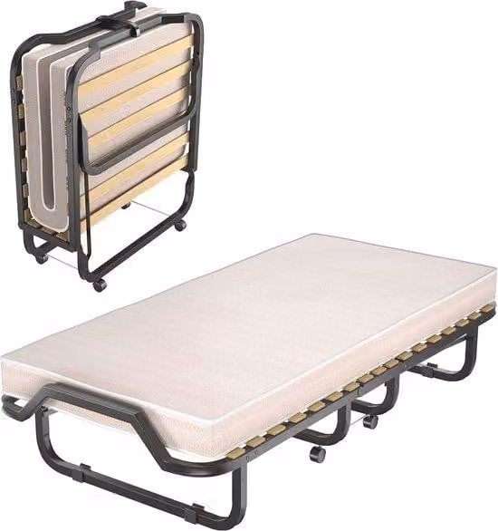 Opklapbaar éénpersoonsbed met traagschuimmatras en wielen, beige metalen frame, B/D/H: 90 x 200 cm