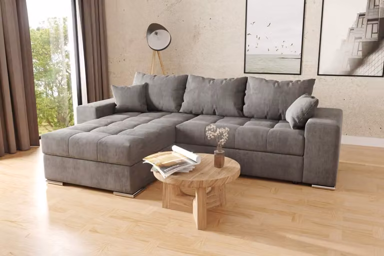Seatsandbeds Hoekbank Josua L-vorm met slaapfunctie en opbergruimte in velvet structuurstof