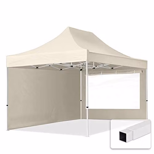 TOOLPORT Easy Up Partytent Vouwtent met 2 Zijwanden en Panoramavensters, Crème, 3 x 4,5 m