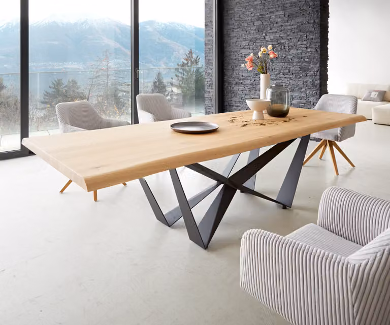 DELIFE Eettafel Edge Live-Edge Eiken Natuur met Spider Staal Onderstel Zwart B: 260 cm, D: 100 cm, H: 75 cm