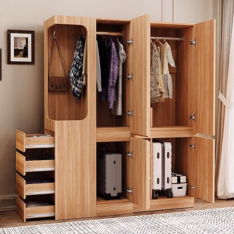 Dubbele kledingkast met deuren en laden in houtkleur, H 170 x B 140 x D 40 cm