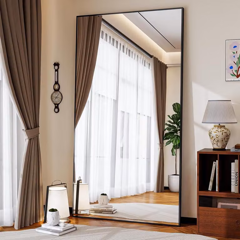 Staande spiegel voor volwassenen met smal zwart aluminium frame, B/D/H: 89 x 198 cm
