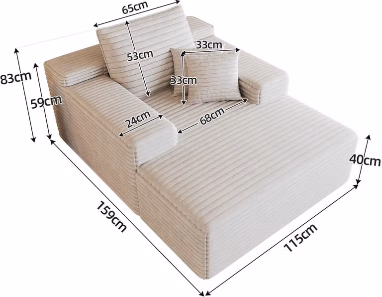 Mivray Chaise Longue Wit - Zachte Corduroy Ligstoel voor Woonkamer en Slaapkamer - B/D: 115 x 159 cm