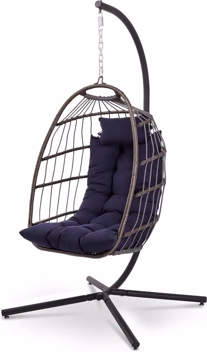 Diepblauwe hangstoel met standaard - Rieten design eierstoel schommel voor buiten - Tot 250kg