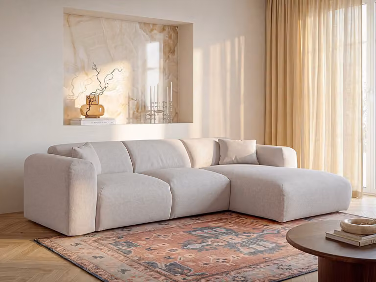 POGNI Grote expres slaapbank met hoek rechts in beige gemêleerd stof met 16 cm traagschuim matras