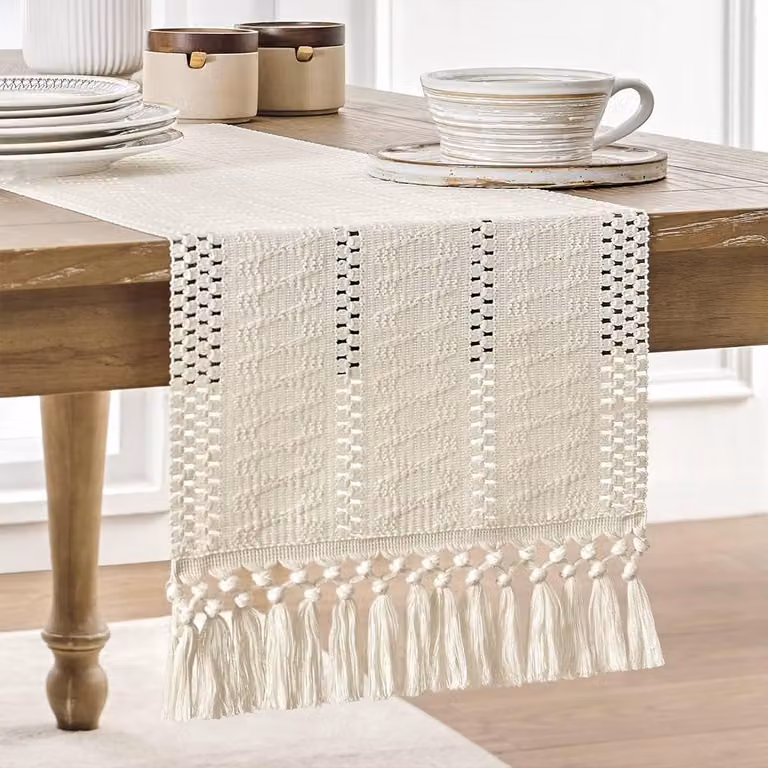 Beige Slub Linen Tafelrunner met Kwastjes en Haakwerk, 30 x 180 cm