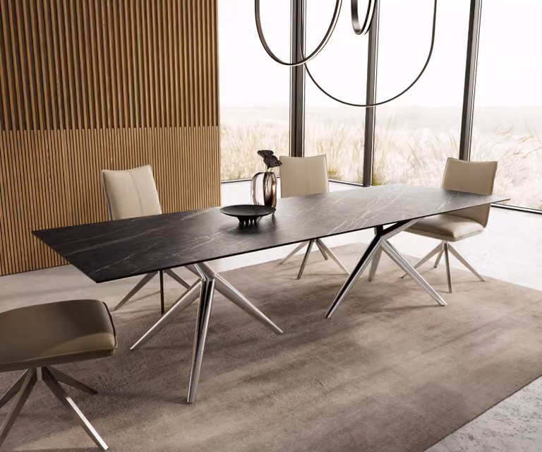 DELIFE Eetkamertafel Edge met keramiek blad Laminam Noir Desir bruin Estelar en roestvrij stalen onderstel, uitschuifbaar, B/D/H: 300 x 100 x 76 cm