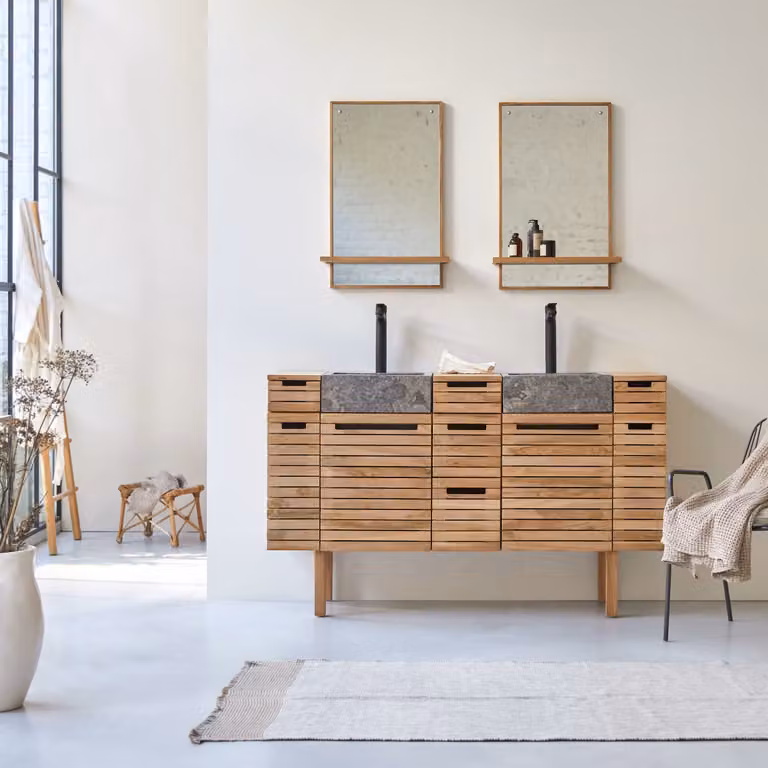 Tikamoon Slats badkamermeubel van massief teakhout en marmer, Bruin, Breedte: 150 cm