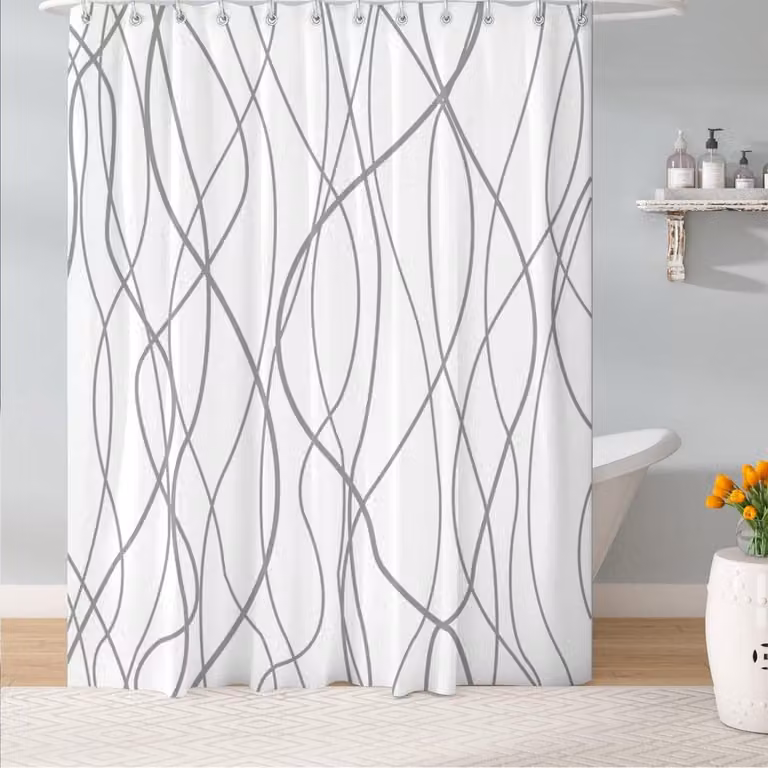 Waterdicht en schimmelbestendig polyester douchegordijn met strepen en verzwaarde zoom, wit, B: 180 cm, H: 200 cm